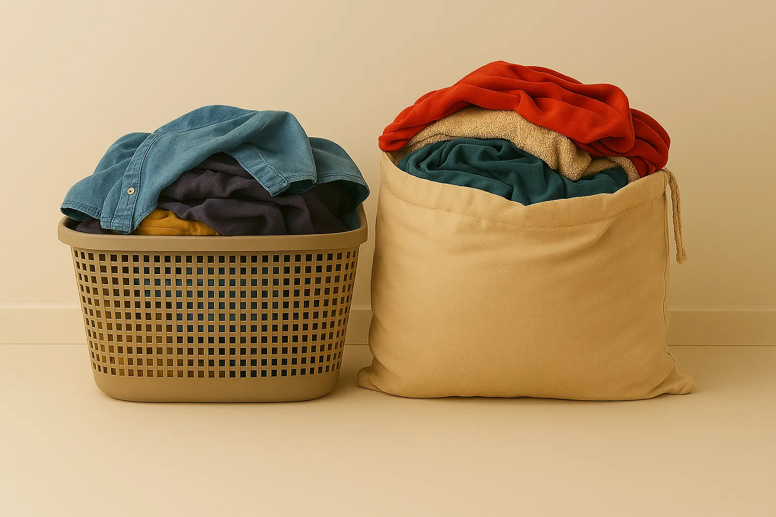 Wasmand en linnenzak met vuile was klaar voor ophaling